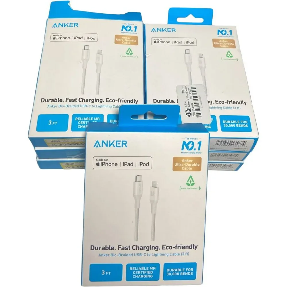 Anker Bio‑Braided 3ft Lightning to USB‑C Cable White MFi Certified Fast Lot of 7
